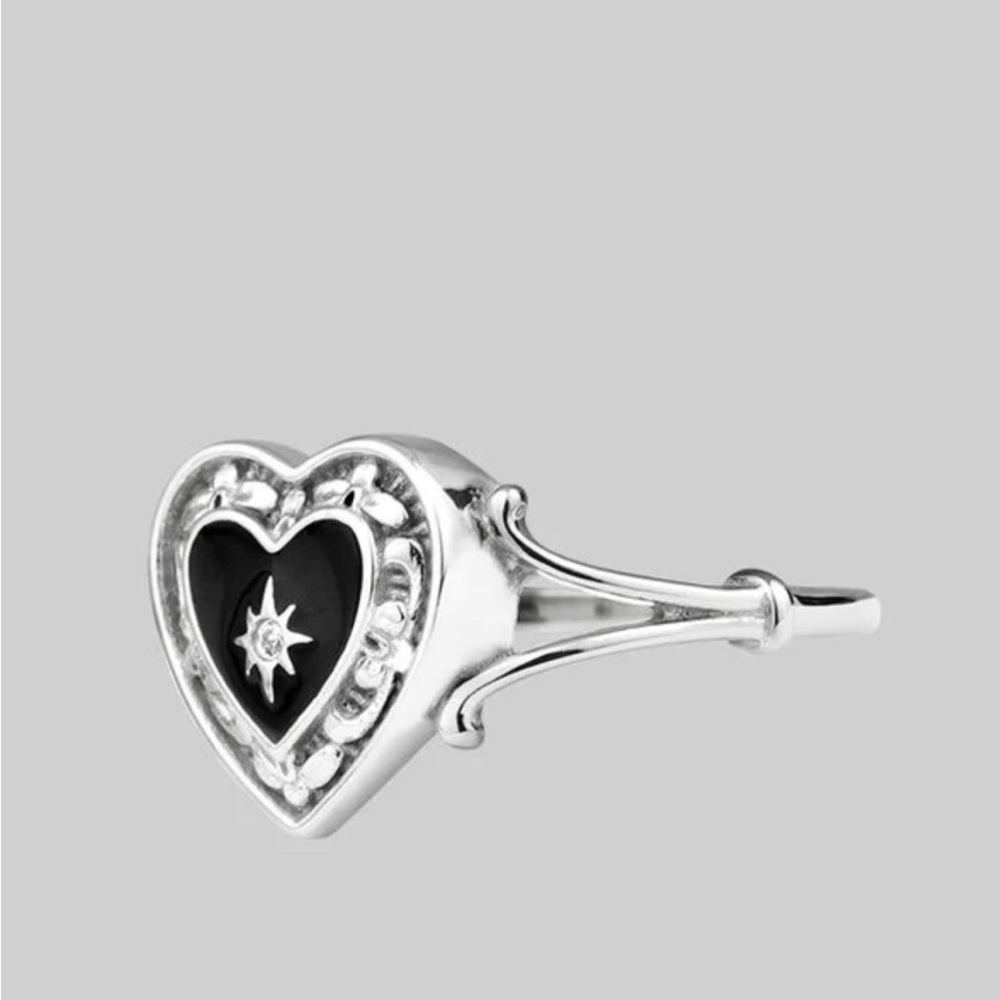 925 SILVER RING Regal rose black enamel heart ring